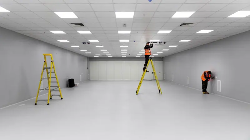Electrician carrying out commercial electrical work on a ladder